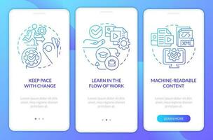 Key imperatives blue gradient onboarding mobile app screen. Content design walkthrough 3 steps graphic instructions with linear concepts. UI, UX, GUI template vector