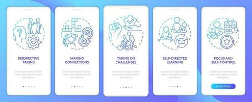 Skills for kids blue gradient onboarding mobile app screen. Development walkthrough 5 steps graphic instructions with linear concepts. UI, UX, GUI template vector