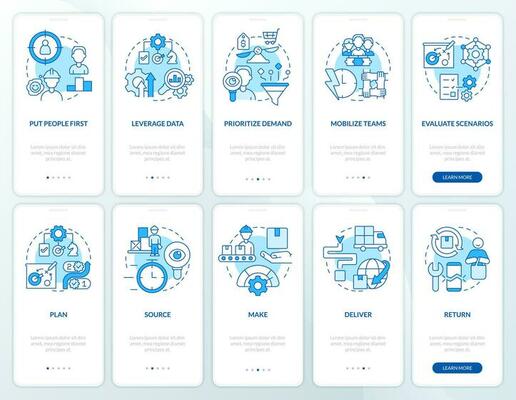 Supply chain priorities blue onboarding mobile app screen set. Walkthrough 5 steps editable graphic instructions with linear concepts. UI, UX, GUI template