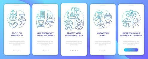 Emergency preparedness for business blue gradient onboarding mobile app screen. Walkthrough 5 steps graphic instructions with linear concepts. UI, UX, GUI template vector