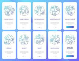 Important life skills blue gradient onboarding mobile app screen set. Learning walkthrough 5 steps graphic instructions with linear concepts. UI, UX, GUI template vector