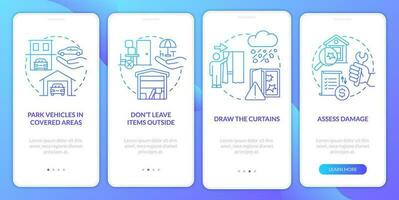 Staying safe during hail blue gradient onboarding mobile app screen. Walkthrough 4 steps graphic instructions with linear concepts. UI, UX, GUI template vector