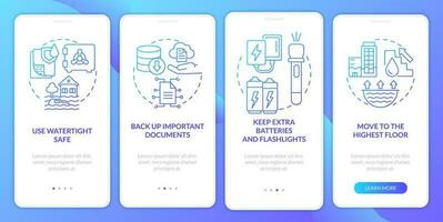 Flood precautionary measures blue gradient onboarding mobile app screen. Walkthrough 4 steps graphic instructions with linear concepts. UI, UX, GUI template vector