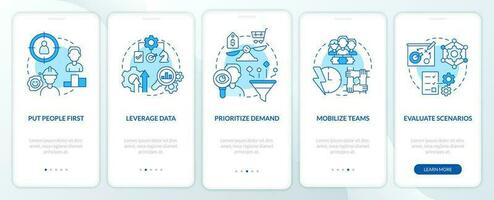 Supply chain priorities blue onboarding mobile app screen. Management walkthrough 5 steps editable graphic instructions with linear concepts. UI, UX, GUI template vector