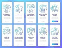 Natural disasters safety blue gradient onboarding mobile app screen set. Walkthrough 5 steps graphic instructions with linear concepts. UI, UX, GUI template vector