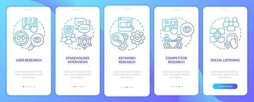 Research for content design blue gradient onboarding mobile app screen. Data walkthrough 5 steps graphic instructions with linear concepts. UI, UX, GUI template vector