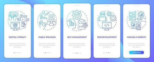 Important competencies blue gradient onboarding mobile app screen. Profession walkthrough 5 steps graphic instructions with linear concepts. UI, UX, GUI template vector