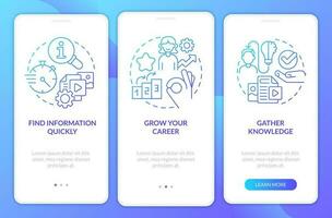 Expectations from content blue gradient onboarding mobile app screen. Comfort walkthrough 3 steps graphic instructions with linear concepts. UI, UX, GUI template vector