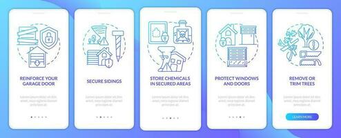 Prepare for tornado at home blue gradient onboarding mobile app screen. Walkthrough 5 steps graphic instructions with linear concepts. UI, UX, GUI template vector
