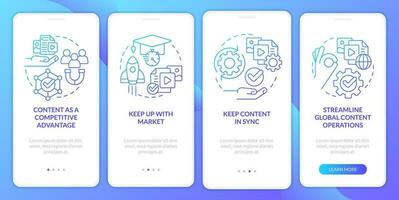 Content design strategies blue gradient onboarding mobile app screen. Business walkthrough 4 steps graphic instructions with linear concepts. UI, UX, GUI template vector
