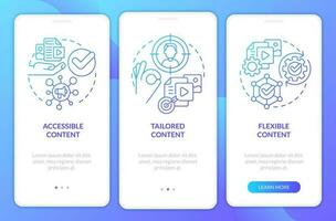 Content requirements blue gradient onboarding mobile app screen. Principles walkthrough 3 steps graphic instructions with linear concepts. UI, UX, GUI template vector