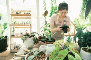 sonriente joven mujer tomando teléfono inteligente imagen de planta en un pequeño tienda foto