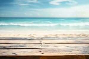 Top of wood table with seascape, blur calm sea and sky at tropical beach background. Empty table ready for your product display montage. photo