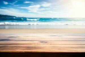 Top of wood table with seascape, blur calm sea and sky at tropical beach background. Empty table ready for your product display montage. photo