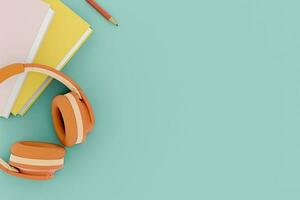 Headphones and books on working table photo