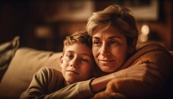 A loving family embraces on comfortable sofa generated by AI photo