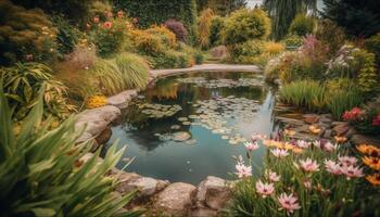 Tranquil pond reflects single flower in nature generated by AI photo