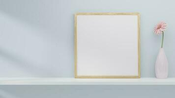 A blank picture and poster frame set on a shelf on the wall. photo