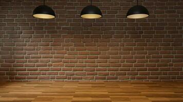 Empty room with brick wall wooden floor and modern ceiling lamp photo