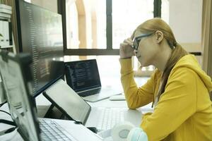 Young woman covering her face with the stress of work coding and programming software. photo