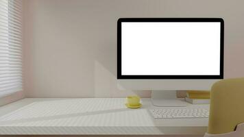 Blank screen desktop computer in home office room photo