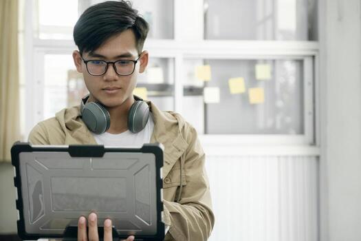 Closeup hand coding programing computer software. photo