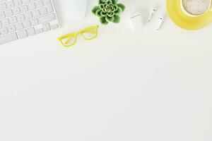 Topview of desktop white desk,working space,working background. photo