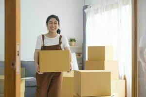 Modern female people in moving home apartment leisure indoor activity alone. photo