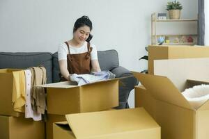 Modern female people in moving home apartment leisure indoor activity alone. photo