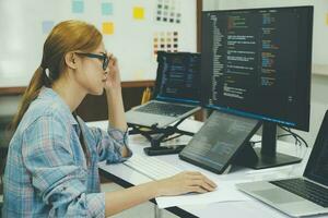 joven mujer cubierta su cara con el estrés de trabajo codificación y programación software. foto