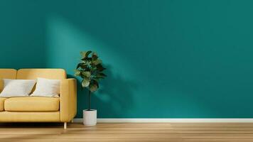 View of living room in minimal style with yellow sofa and fiddle fig on laminate floor photo