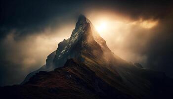 majestuoso montaña pico espalda iluminado a puesta de sol silueta generado por ai foto