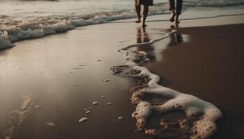 amor caminando en mojado arena a puesta de sol juntos generado por ai foto