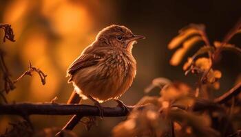 pequeño pájaro sentado en ramita, acecho puesta de sol generado por ai foto