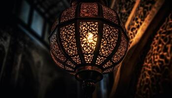 antiguo linterna colgando al aire libre iluminado Arábica cultura generado por ai foto