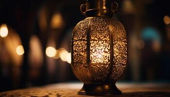 Antique lantern glows in rustic Arabic style generated by AI photo