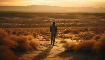 uno persona en pie en seco arena duna generado por ai foto