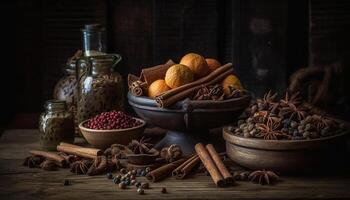 Organic spices decorate wooden table, enhancing food generated by AI photo