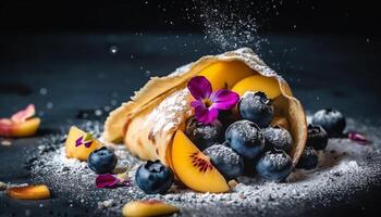 Fresh ripe berries on rustic wooden plate generated by AI photo