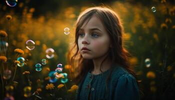 Cute girl blowing bubbles in nature beauty generated by AI photo