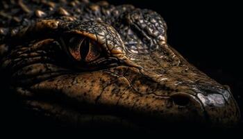 Eerie crocodile eye in dark swamp water generated by AI photo