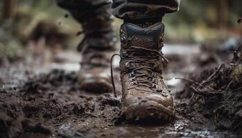 Muscular army athlete hikes through muddy forest generated by AI photo