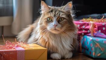 Fluffy kitten sitting in gift box indoors generated by AI photo