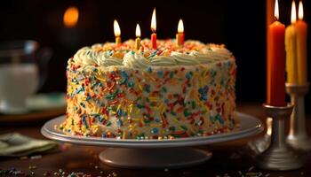 cumpleaños pastel con velas ardiente en luz de una vela generado por ai foto