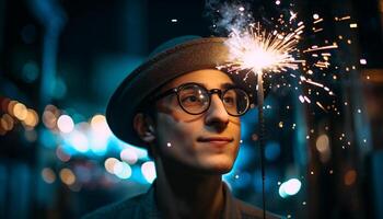 Man smiles with fire, celebrating city nightlife generated by AI photo