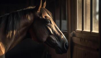 Bay horse grazing in tranquil meadow generated by AI photo