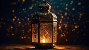 Glowing Arabic lantern lights up rustic winter night generated by AI photo