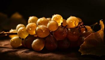 Ripe grape bunches on wooden table, autumn harvest refreshment generated by AI photo