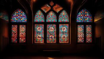 Multi colored stained glass illuminates ancient cathedral spirituality generated by AI photo