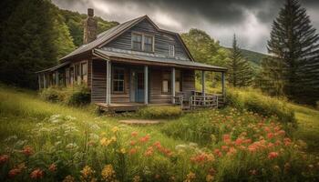 Rural scene with log cabin in meadow generated by AI photo